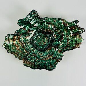 Handmade Art Glass Iridescent Green Oyster Shell Shape Free From Centerpiece